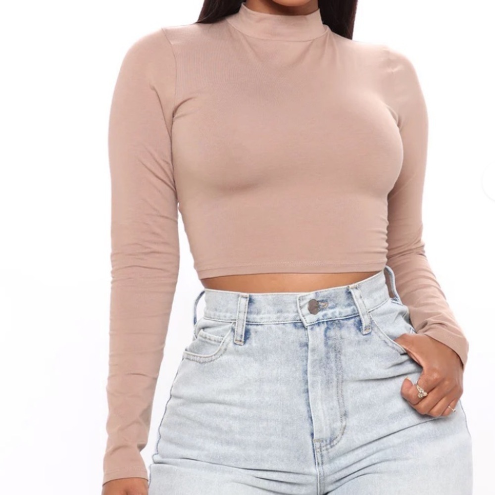 Fashionnova~Nwt~Melanie~Mocha~Cotton Blend~Long Sleeve~Mock Neck~Crop Top~Size L